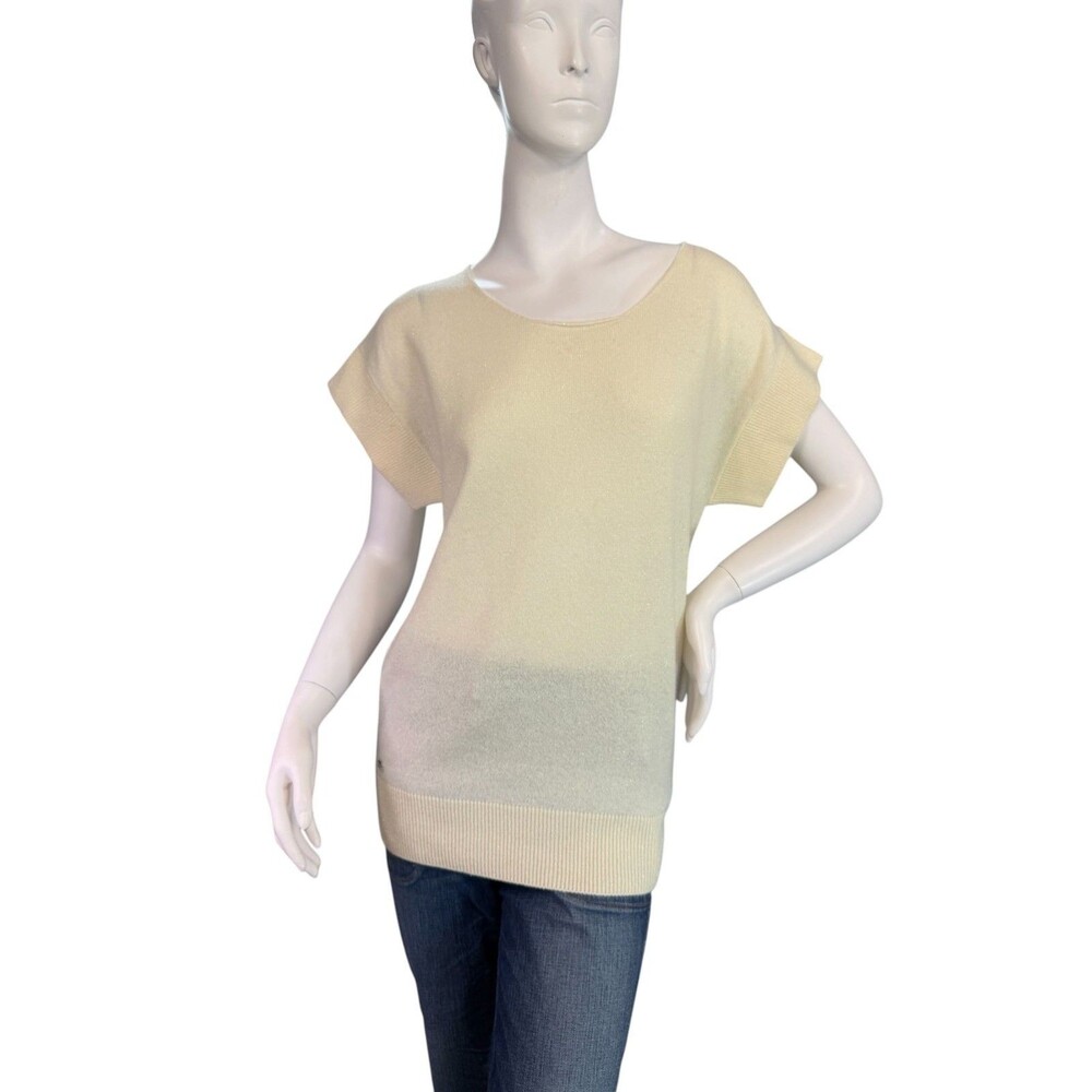 Lacoste Ivory Sweater Top Short Sleeve Metallic Wool Cashmere Blend $185 Size S